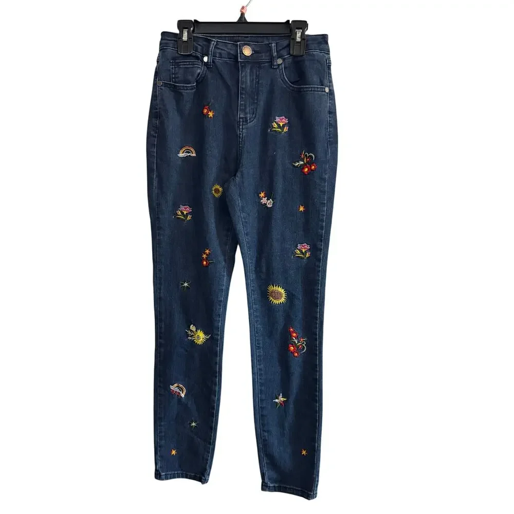 ROMEO & JULIET $185 Spring Garden Embroidered Ankle Slim Jeans Size S